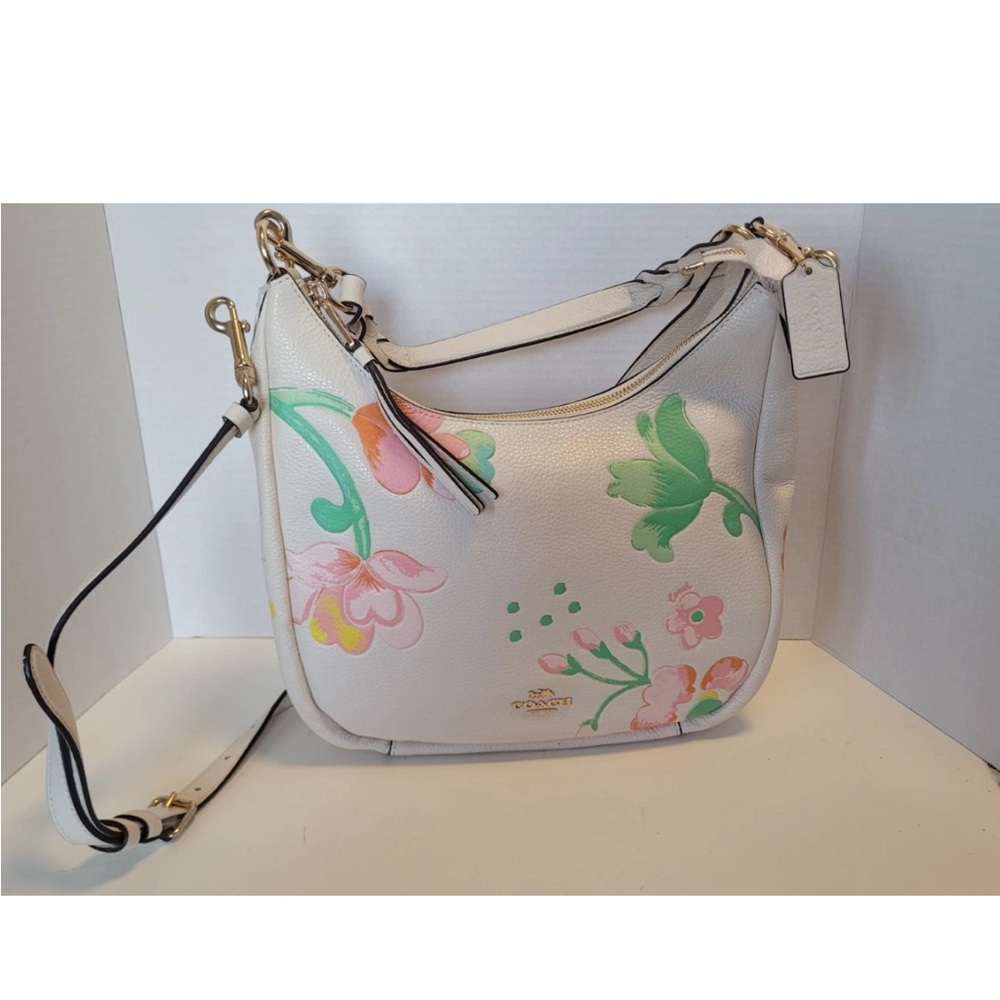 COACH FLORAL PEBBLED LEATHER SHOULDER BAG CROSSBODY WHITE PINK SPRING Y2K